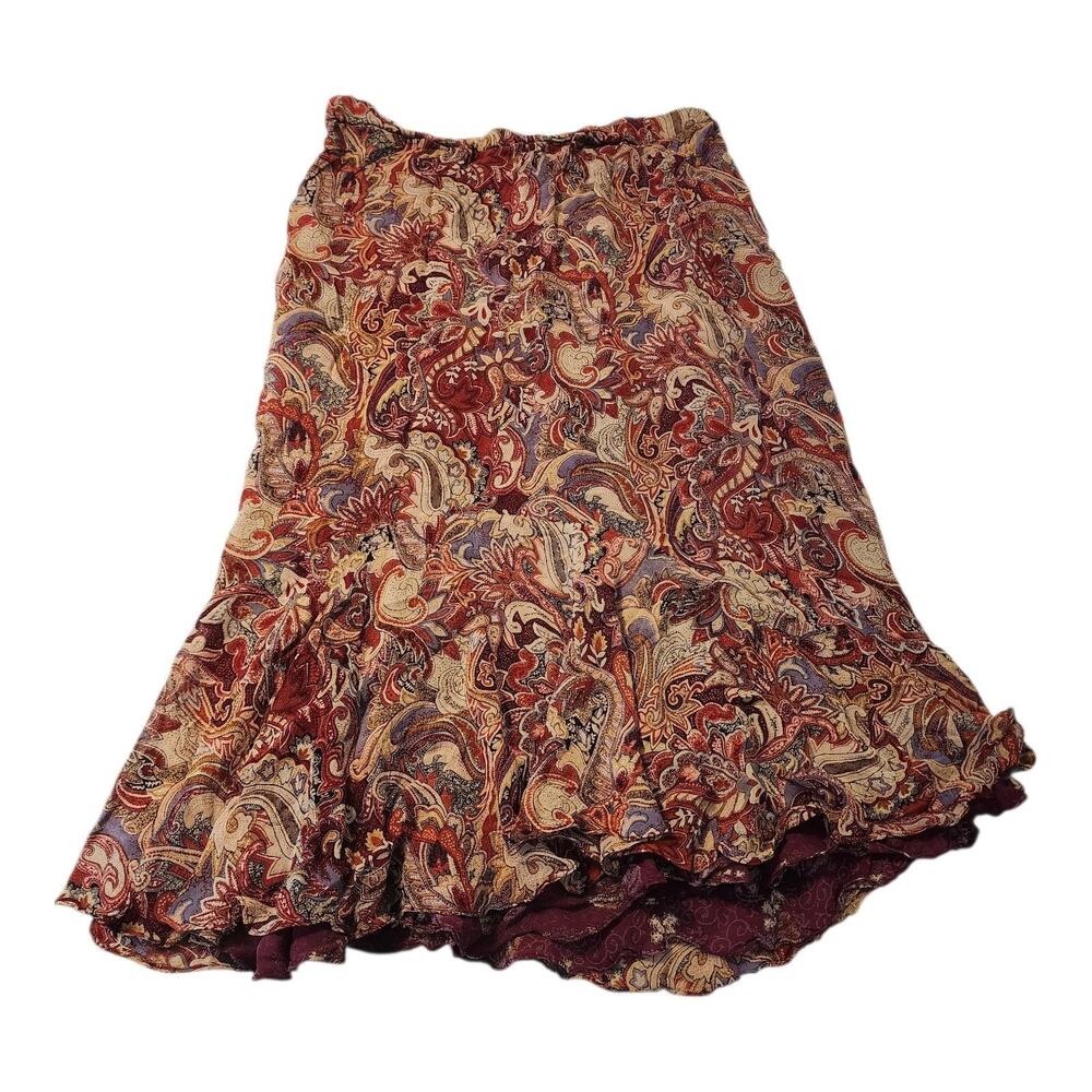 Boho Paisley Midi Skirt Ruffle Hem Lined Rayon Floral Pretty Flare
